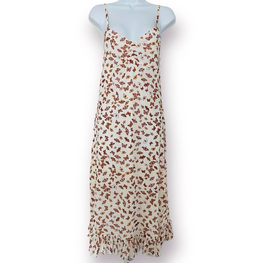 Ultra Flirt Y2K Butterfly Midi Dress Size Medium Sheer White Brown Ruffle Lined